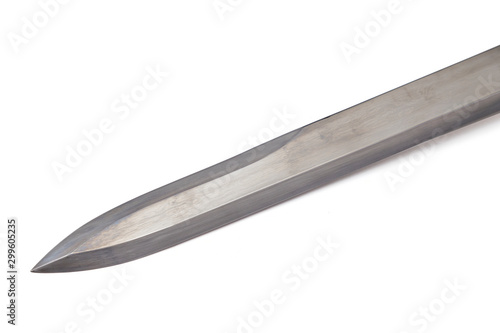Damascus blade, pattern on the surface is caused by multiple folds of steel. Isolated in white background.