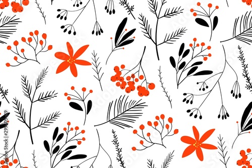 Black-red winter berries. Hand drawn floral seamless vector pattern. New year seamless pattern with branches, berries and flowers. Can be used for winter holiday invitations, greeting cards, print.