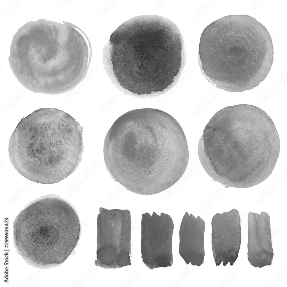 Set of gray watercolor stains and lines of different shades and sizes. Elements isolated on white background. Set of gray watercolor stains and lines of different shades and sizes. Elements isolated on white background.