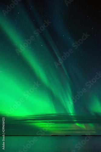 Aurora Borealis and stars above lake Pyh  selk    Finland