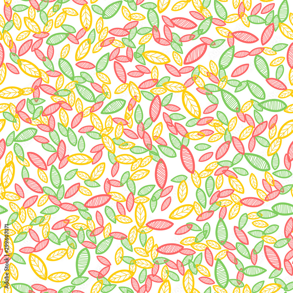 Seamless vector background of many small colored leaves. The leaves on a transparent background.