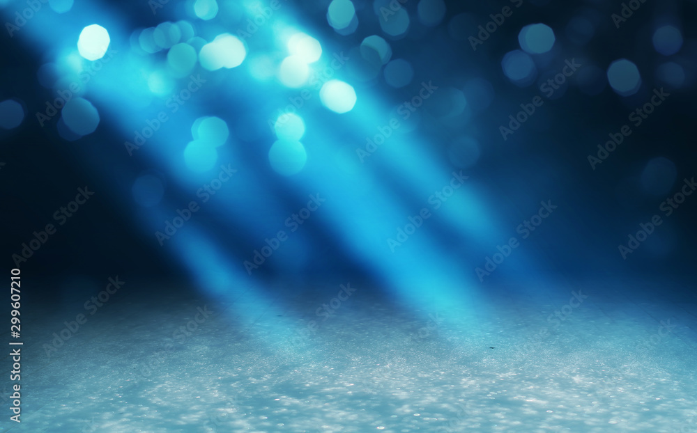 Winter abstract, blurred background with bokeh. Blurry night city lights in reflection on a snowy road. Neon light, falling snow, snowflakes. - obrazy, fototapety, plakaty 