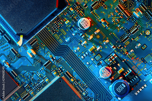 Foto Electronic circuit board close up.