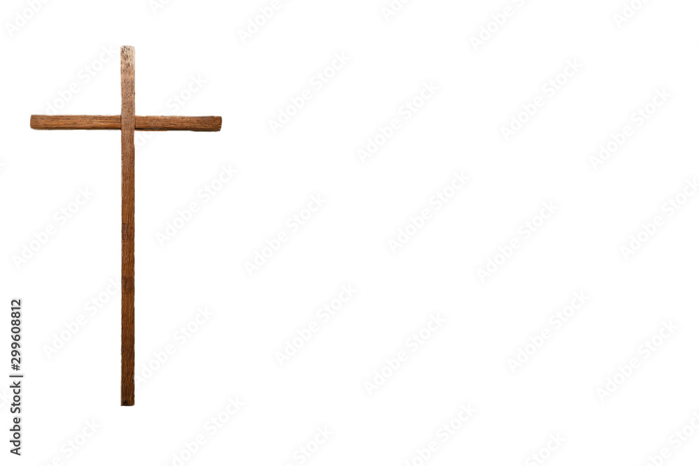 Wooden cross Jesus christ religious and spiritual background concept isolated on white, space for text