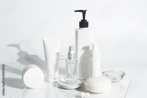beauty spa medical skincare and cosmetic lotion cream bottle packaging on white decor background, healthy and medicine concept photo