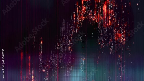 conceptual animation of distorted digital transmission with unique colorful scramble glitch noise effects. visualization of binary pixelated block code transmission with an alien strange trippy look