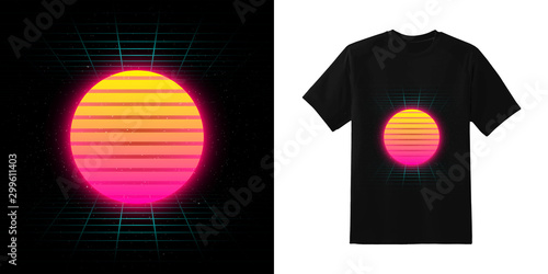 Retrowave yellow pink gradient glowing sun on blue laser grid background in starry space. VHS effect. Typography, print. Eps 10.