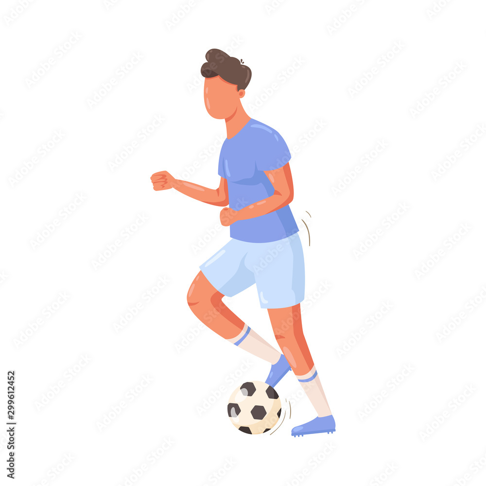 Soccer player in a blue uniform running with the ball. Vector illustration in flat cartoon style.