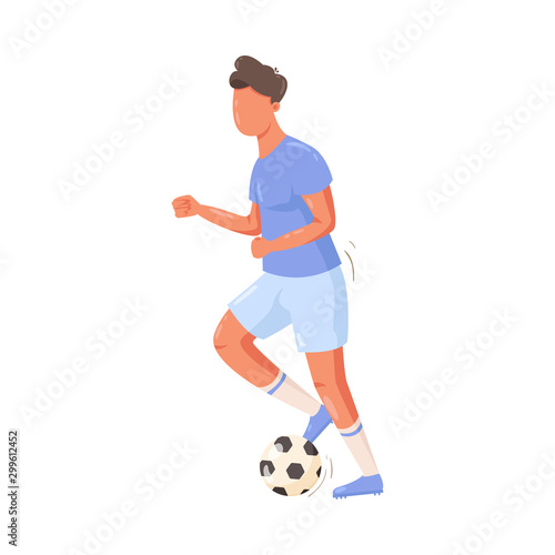 Fototapeta Naklejka Na Ścianę i Meble -  Soccer player in a blue uniform running with the ball. Vector illustration in flat cartoon style.