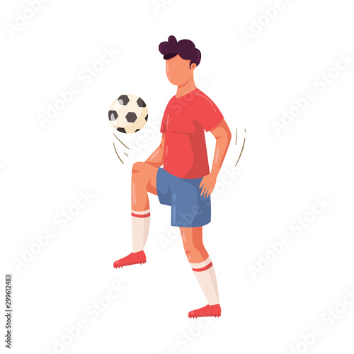 Soccer player in red t-shirt kicking the ball. Vector illustration in flat cartoon style.