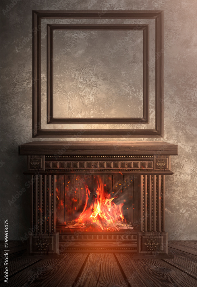 Obraz premium Dark room with a classic interior. Wall with a big clock. Wooden fireplace, a fire burns. Night view of the room. Christmas and New Year. 3D illustration.
