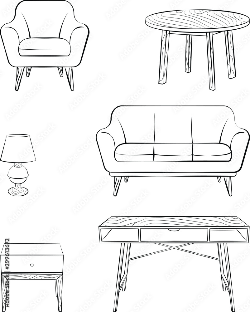 Set of furniture in vector. Vector illustration of chair, table, lamp, sofa and night table. Interior design. Flat furniture. Furniture for a living room. Set of furniture in vector. Vector illustration of chair, table, lamp, sofa and night table. Interior design. Flat furniture. Furniture for a living room.