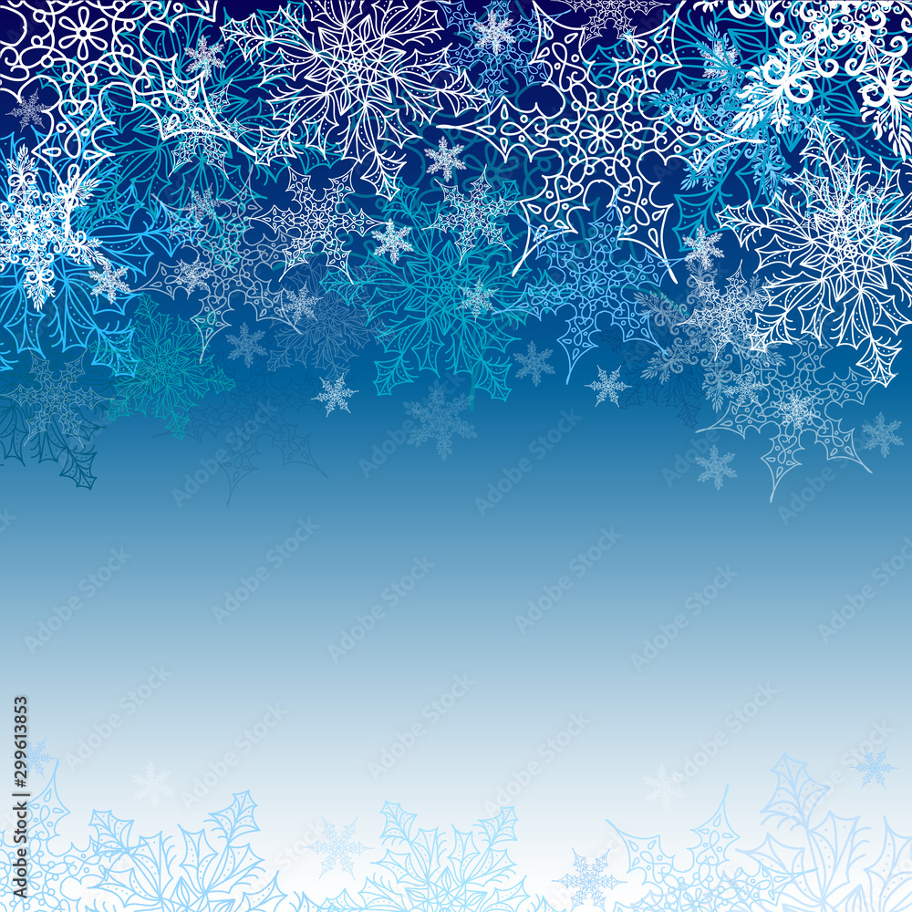 Snowflakes. Greeting card with a snowy pattern. Multicolored, graphic, vector snowflakes on a blue background. Snowflakes. Greeting card with a snowy pattern. Multicolored, graphic, vector snowflakes on a blue background.