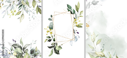 Ready to use Card. Herbal Watercolor invitation design with leaves. flower and watercolor background. floral elements, botanic watercolor illustration. Template for wedding.   frame