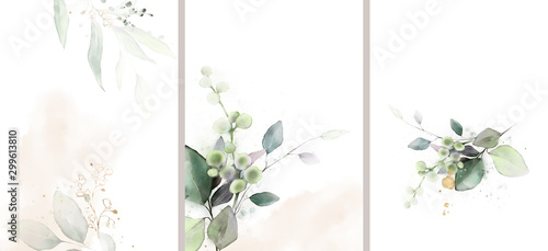 Ready to use Card. Herbal Watercolor invitation design with leaves. watercolor background. floral elements, botanic watercolor illustration. Template for wedding.   frame photo