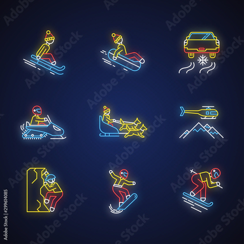 Extreme winter activity neon light icons set. Risky sport, adventure. Cold season outdoor leisure. Snowmobiling, ice climbing, sledding, snow tubing. Glowing signs. Vector isolated illustrations