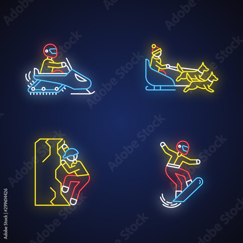 Extreme winter activity neon light icons set. Risky sport, adventure. Cold season outdoor leisure. Snowboarding, ice climbing, snowmobiling and dog sledding. Vector isolated illustrations
