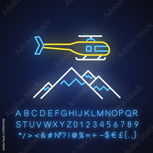 Heli skiing neon light icon. Winter extreme sport, risky activity and adventure. Flying helicopter and mountains peaks. Glowing sign with alphabet, numbers and symbols. Vector isolated illustration
