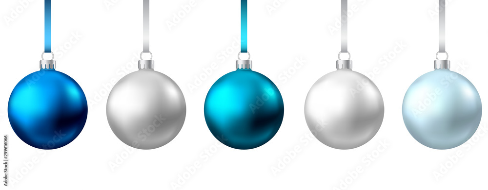 Realistic  blue, silver  Christmas  balls  isolated on white background. - obrazy, fototapety, plakaty 