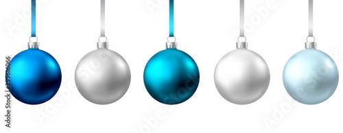 Realistic  blue, silver  Christmas  balls  isolated on white background.