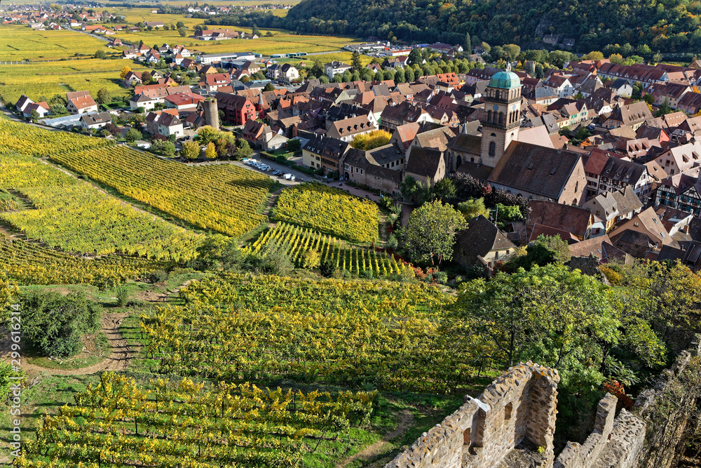 The town of Kaysersberg seen from the fortress. Kaysersberg is one of the finest wine-growing areas in Alsace.
