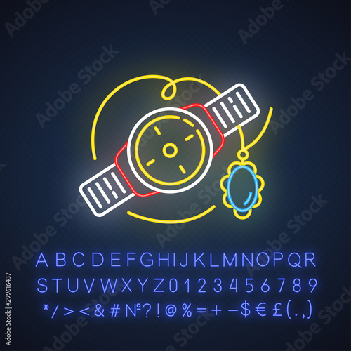 Jewelry and watches neon light icon. Necklace  bracelet with precious stone. E commerce department  shopping categories. Glowing sign with alphabet  numbers and symbols. Vector isolated illustration