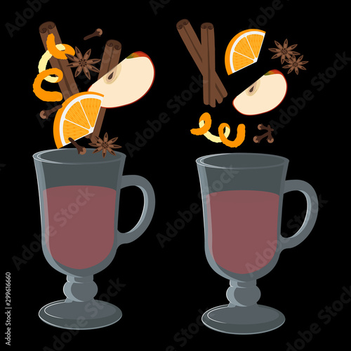 Vector illustration. Mulled wine, glass and different spices