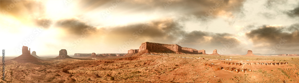 Aerial panoramic view of Monument Valley National Park at summer sunset, United States