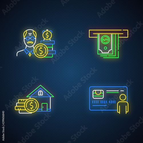 Credit neon light icons set. Borrowing from Retirement. Pension budget ivestment. Home equity loan. Cash withdrawal from ATM. Personal credit card. Glowing signs. Vector isolated illustrations
