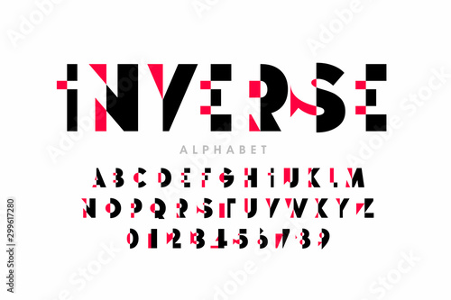 Inverse style modern font, alphabet letters and numbers,