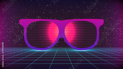 Synthwave Retro Future poster, banner or flyer template. Glasses with mysterious glowing pink Planet, Sun or Sphere Reflection. Perspective Grid with starry sky. 80s style. Stock vector illustration