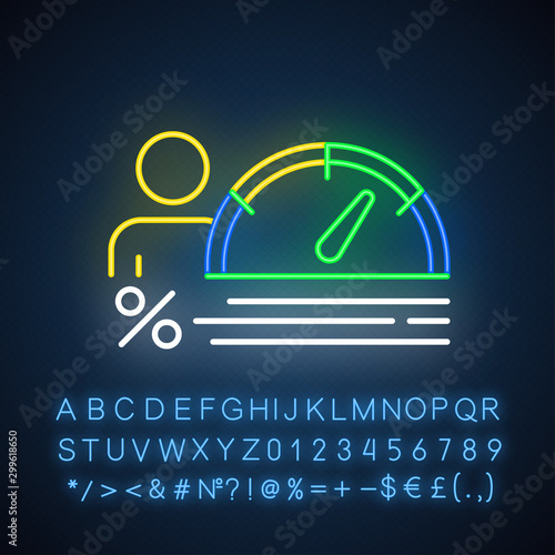 Credit score neon light icon. Increasing personal interest rate diagram. Finances infographic. Economy chart with arrow. Glowing sign with alphabet, numbers and symbols. Vector isolated illustration