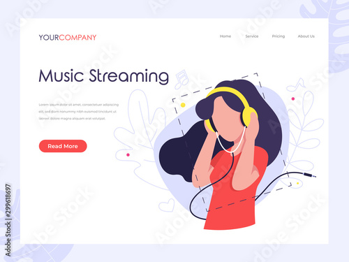 Music Streaming woman listening music on headphone flat vector illustration concept, can be used for landing page, ui, web, app intro card, editorial, flyer, and banner.