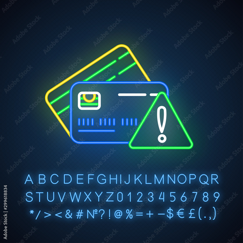 Credit cards debt neon light icon. Losing money online. Paying without cash. Bank credit danger. Bankrupcy risk. Glowing sign with alphabet, numbers and symbols. Vector isolated illustration Credit cards debt neon light icon. Losing money online. Paying without cash. Bank credit danger. Bankrupcy risk. Glowing sign with alphabet, numbers and symbols. Vector isolated illustration