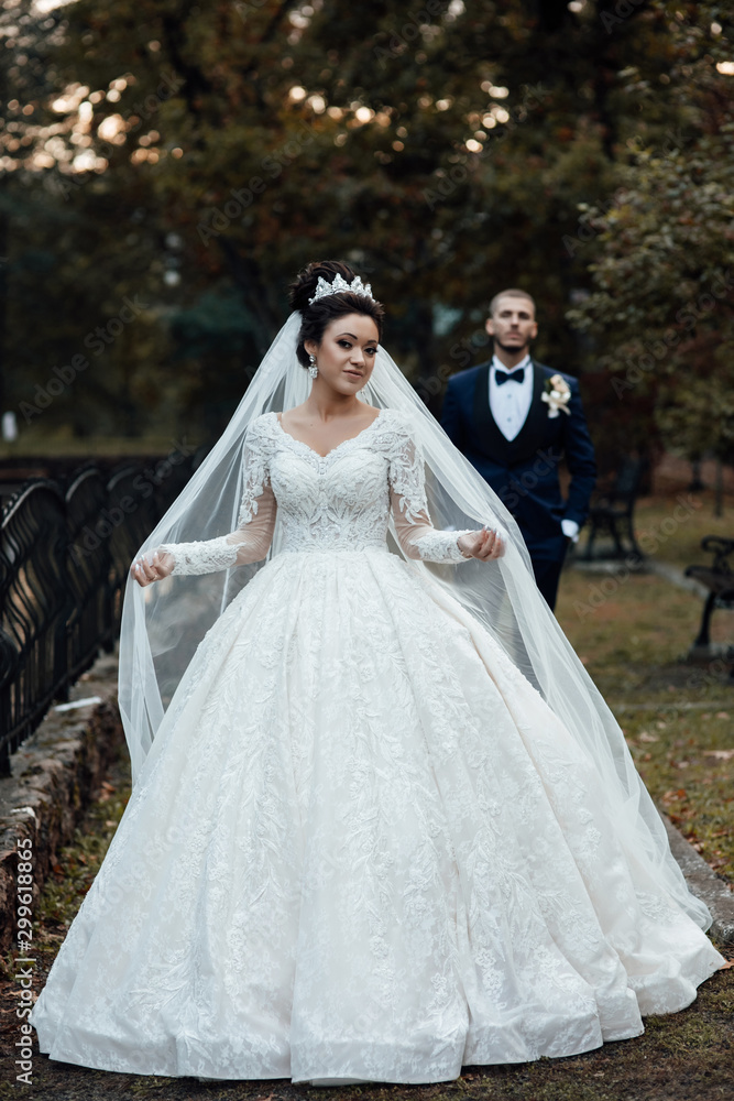 Amazing couple, happy bride and groom after wedding ceremony. Newlyweds are walking in the park. Wedding couple in autumn. Pretty bride and stylish groom. The bride plays with a veil