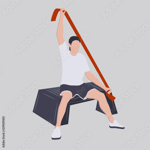 Rubber band - a man is training the muscles of the hands - vector. Fitness Sport Club. Physical exercise.