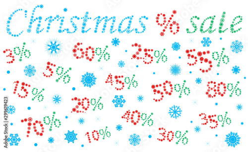 Christmas sale. Vector illustration percent discounts for Christmas and New Year sales. Made in the form of snowflakes.