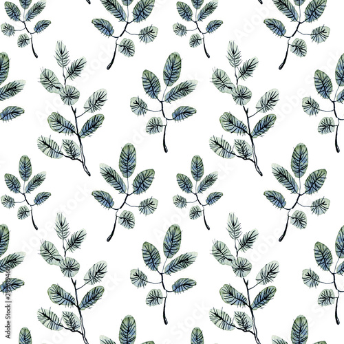 Watercolor seamless blue pattern of pine branch . Hand drawn illustration on the white background