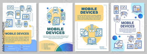 Mobile devices brochure template. Wireless technology. Flyer, booklet, leaflet print, cover design, linear illustrations. Vector page layouts for magazines, annual reports, advertising posters