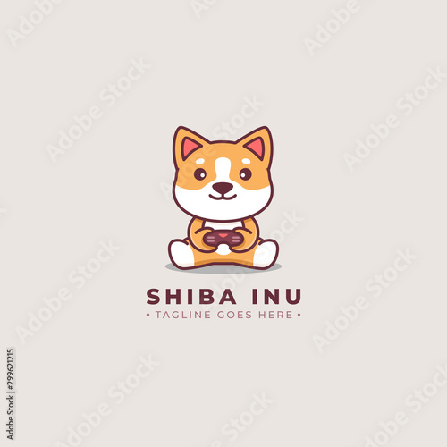 Cute shiba inu dog holding game controller, vector logo illustration