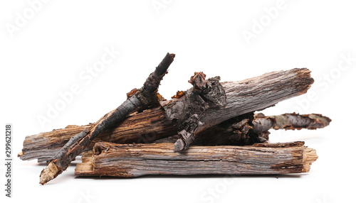 Decorative dry rotten branches pile isolated on white background
