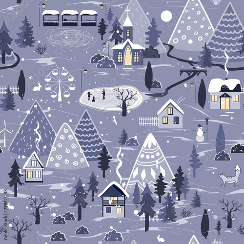 Winter seamless pattern with night landscape with village and church in the woods. Beautiful Christmas Nature with City in the Mountains. Vector background