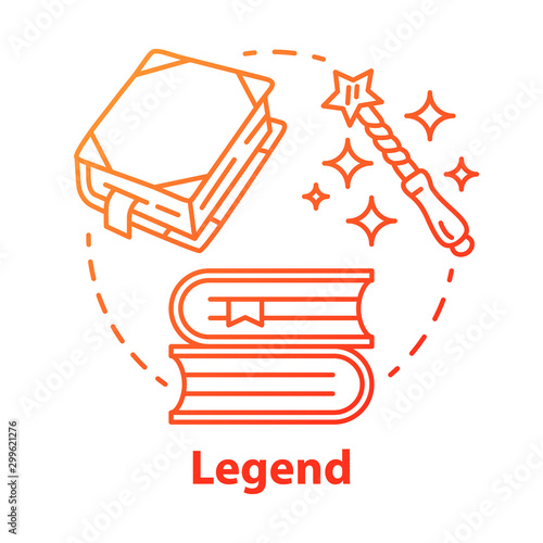 Legend red gradient concept icon. Storytelling idea thin line illustration. Fables, fiction, myths with magic literature elements. Fairy tales, fantasy books. Vector isolated outline drawing