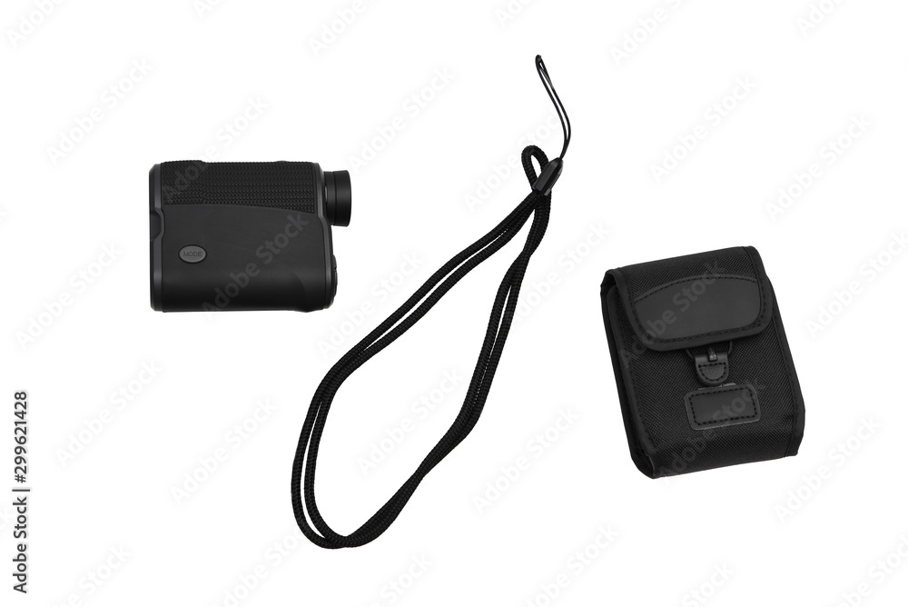 Modern optical range finder isolated on white background. Isolated black plastic rangefinder used for golfing or hunting. Modern optical range finder isolated on white background. Isolated black plastic rangefinder used for golfing or hunting.