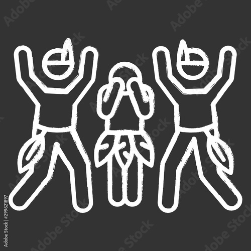 Ceremonial rape chalk icon. Women abuse, violent behavior. Payback rape in tribal customs and culture. Sexual harassment of females. Victim of assault. Isolated vector chalkboard illustration