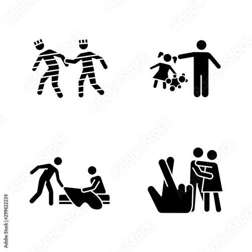 Different rape types glyph icons set. Prison, statutory, children, spousal rape. Sexual harassment of child, woman. Female victims of sexual assault. Silhouette symbols. Vector isolated illustration