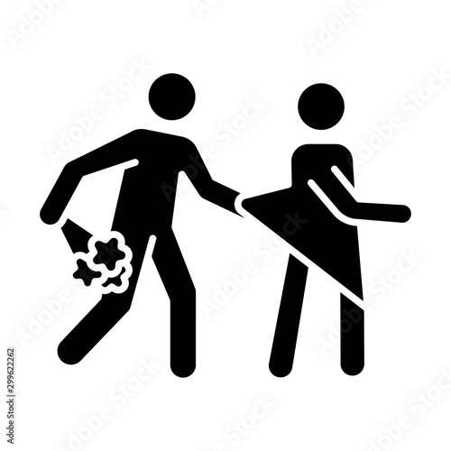 Date rape glyph icon. Women abuse. Sexual harassment of women, girls. Victim of assault. Unwanted sexual activity, sex without consent. Silhouette symbol. Negative space. Vector isolated illustration