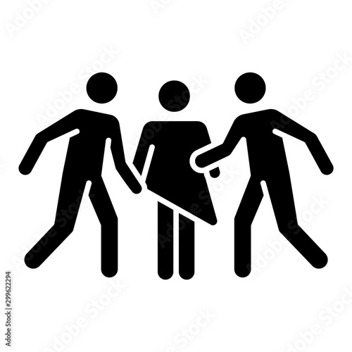 Gang rape glyph icon. Woman abuse. Violent behavior of rapist. Sexual harassment by group. Victim of assault. Unwanted sexual activity. Silhouette symbol. Negative space. Vector isolated illustration