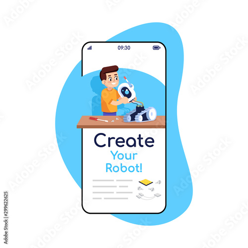 Create your robot social media posts smartphone app screen. Mobile phone displays with cartoon characters design mockup. Assembly instructions for constructor application telephone interface
