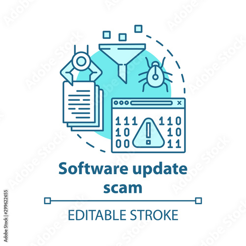 Software update scam concept icon. Computer hacking attack danger. Data theft. Software bugs and viruses. Cybercrime idea thin line illustration. Vector isolated outline drawing. Editable stroke